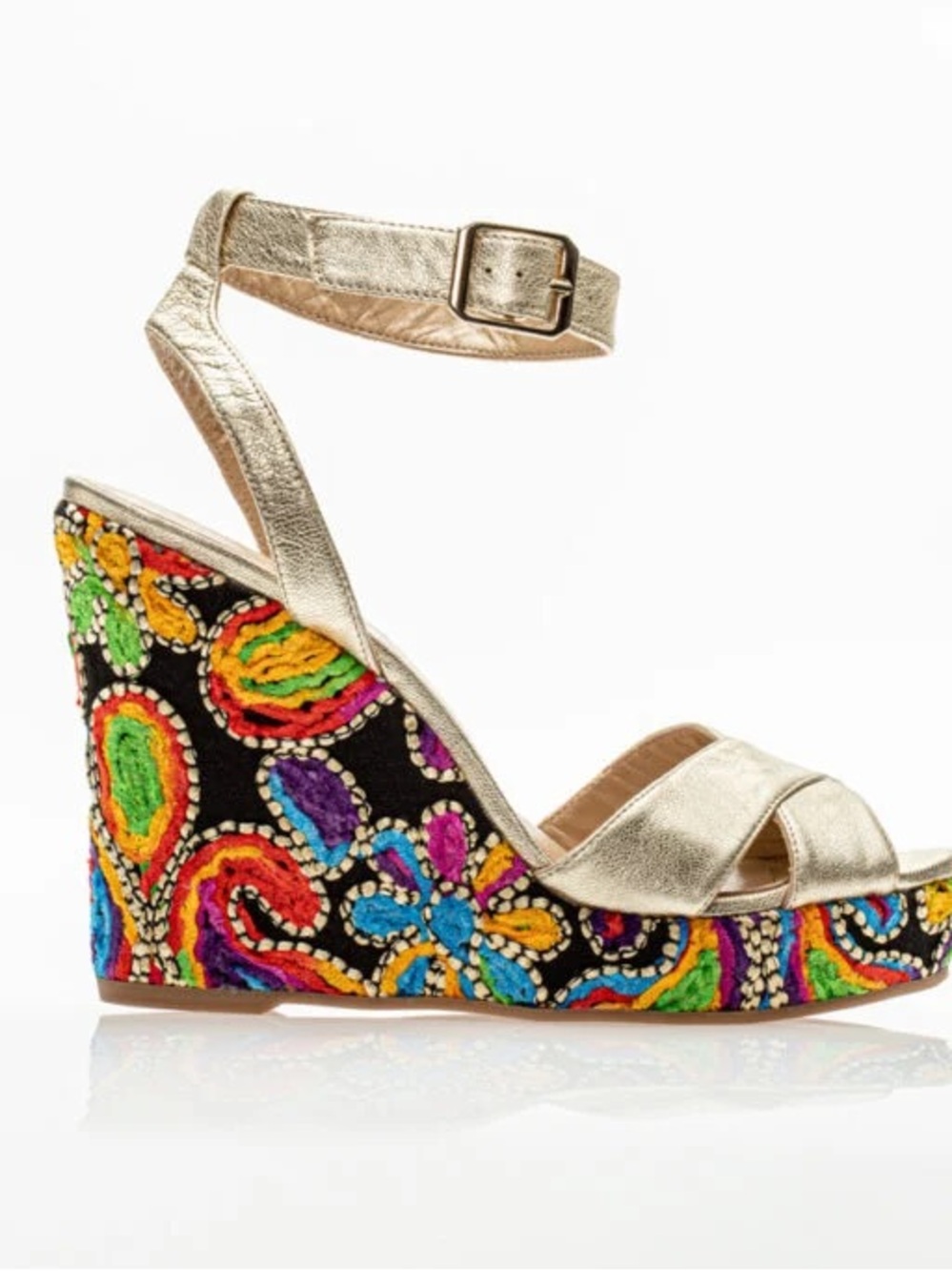 Metallic Gold Ankle-Strap Wedge Sandal with Colorful Embroidered Platform